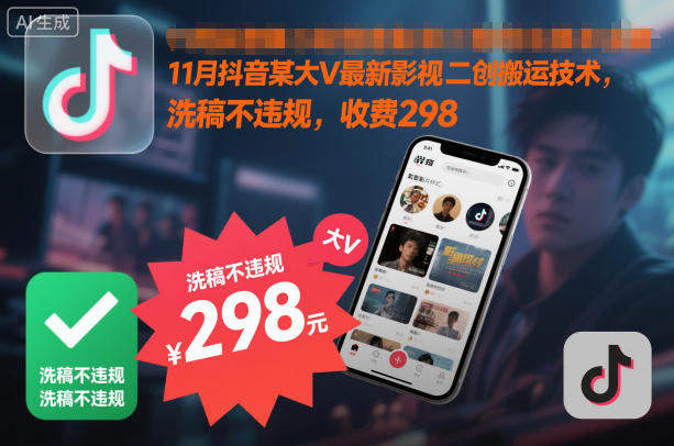 11月抖音某大V最新影视二创搬运技术，洗稿不违规，收费298-知行副业网